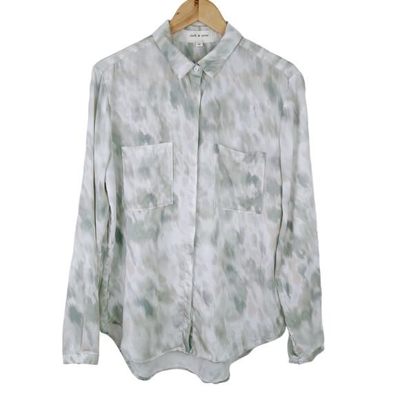 Cloth & Stone SZ M Green Water Color Print So Soft Tencil Button Front Top - Picture 2 of 6